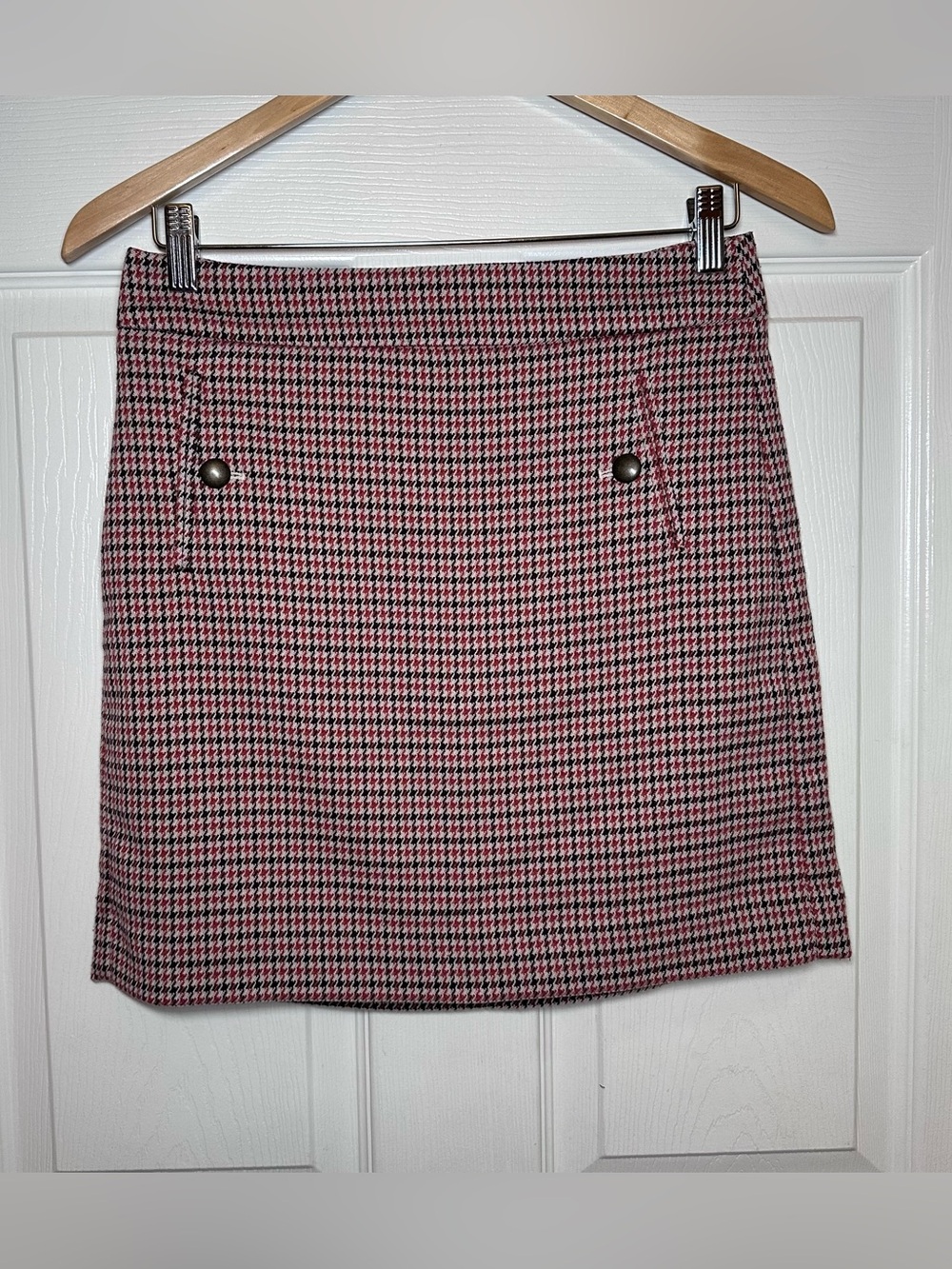 LOFT Petites Mini Skirt Women's Size 2P Rust Brown Houndstooth Lined Rear Zip
